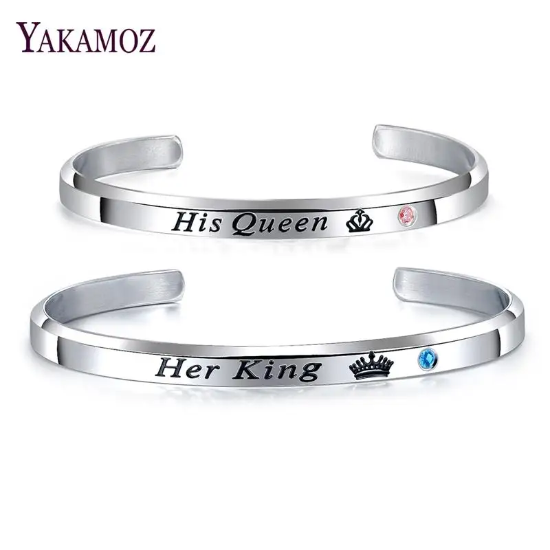 

YAKAMOZ Lover Couples Bangles Her King His Queen Couples Titanium Steel Crystal Crown Bracelet for Women Men Fashion Jewelry
