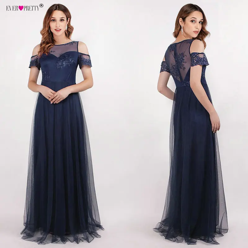 

Robe De Soiree Ever Pretty 2018 Navy Blue Tulle Lace Appliques Long Mother of the Bride Dresses for Wedding A-line Formal Dress