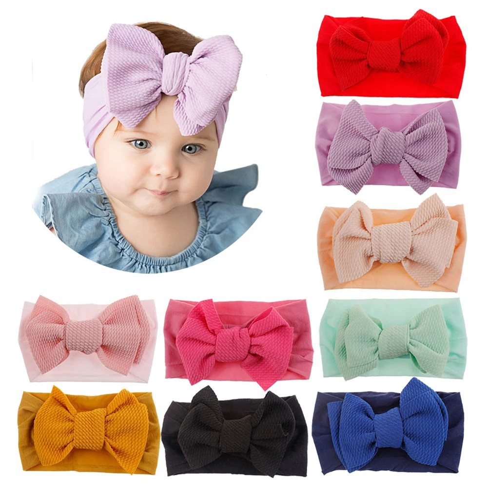 

2019 Soft Elastic Baby Top Knot 10 Colors Hair Accessories Fashion Cute Headbands Oversized Bow Nylon Wide Turban Wholesale