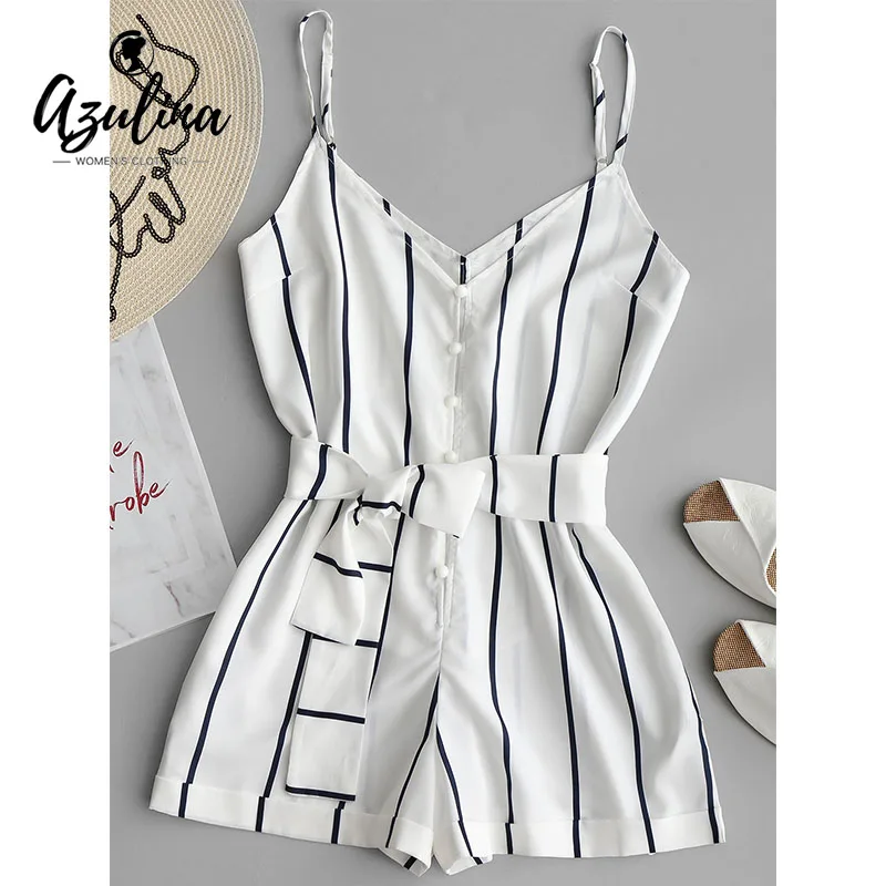 ZAFUL 2019 Striped Belted Cami Romper Women Jumpsuit Casual Spaghetti Strap Buttons Playsuit Outfits Beachwear Summer Overalls ZAFUL 2019 Striped Belted Cami Romper Women Jumpsuit Casual Spaghetti Strap Buttons Playsuit Outfits Beachwear Summer Overalls