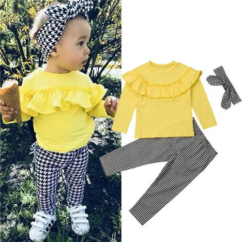

1-6Y Toddler Kids Baby Girl Cotton Blend Long Sleeve Ruffle Tops T-shirt Plaid Long Pants Headband Outfits Baby Clothes 3Pcs Set
