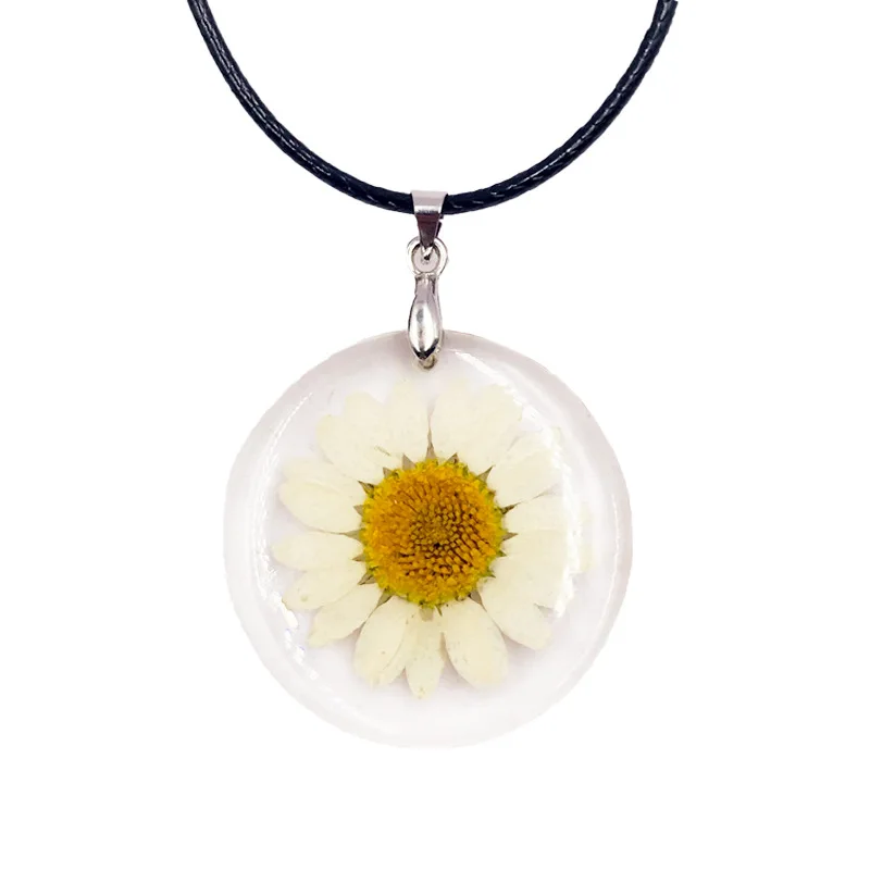 

Handmade Boho Transparent Resin Dried Flower Daisy Necklace Ball Chain Silver Color White Round 45cm long, 1 Piece
