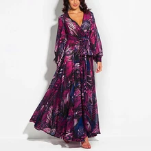 Для женщин шифон Boho платье Фонари рукавами вечерние пляж v-образным вырезом макси-сарафан