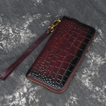 

Natural Skin Women ID/Credit Cards Clutch Handy Purse Multi-Capacity Embossed High Quality Genuine Leather Wrist Long Wallet
