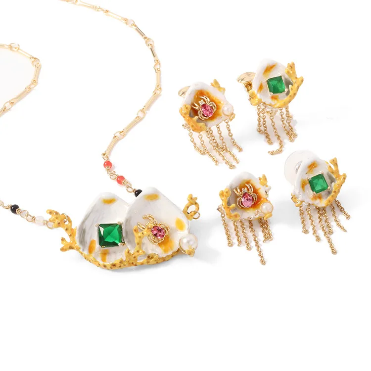 

free shipping Enamel glaze Shell pearl earrings ear clip necklace