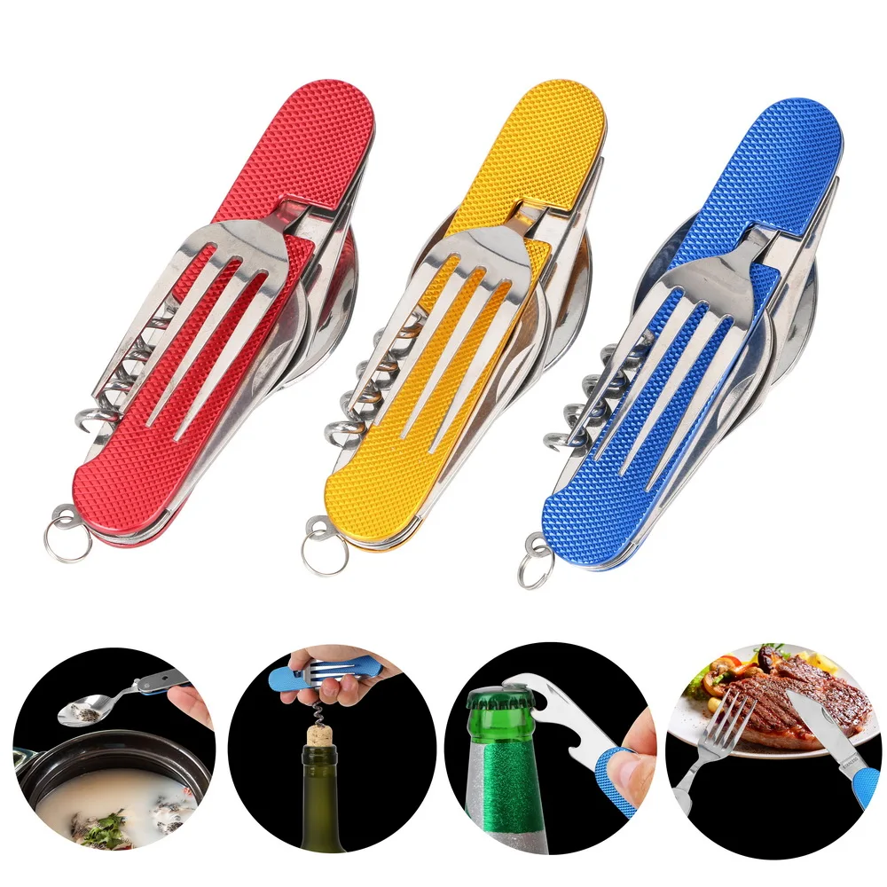 

6 in 1 Stainless Steel Tableware Multi-functional Folding Spoon/Fork/Knife/Bottle Opener For Outdoor Travel Camping Picnic