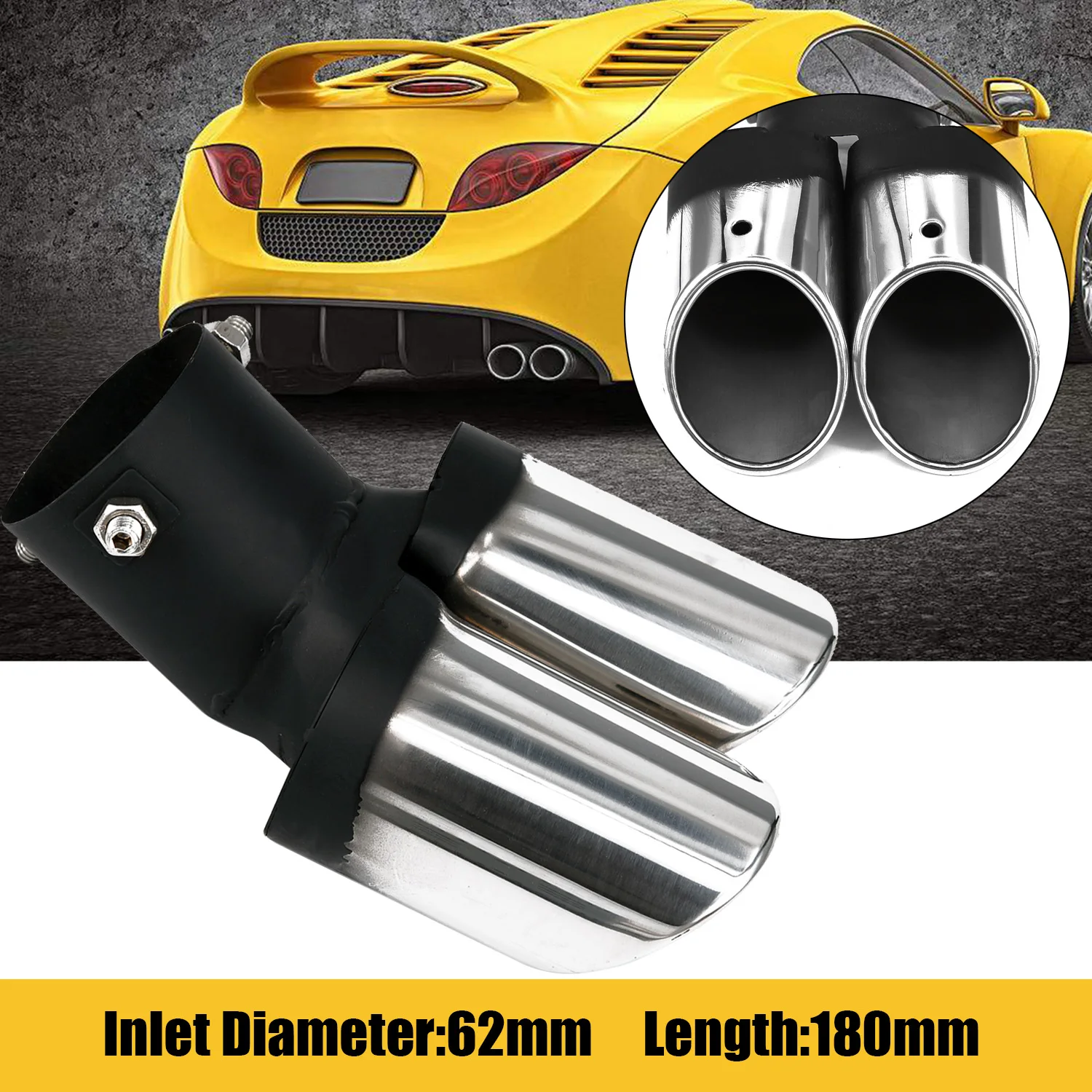 

Universal Auto Car 62mm Chrome Tail Curve Dual-outlet Exhaust Pipe Muffler Tip