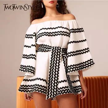 

TWOTWINSTYLE Wave Striped Playsuits For Women Slash Neck Flare Sleeve High Waist Bandage Hit Colors Jumpsuits Female Fashion New