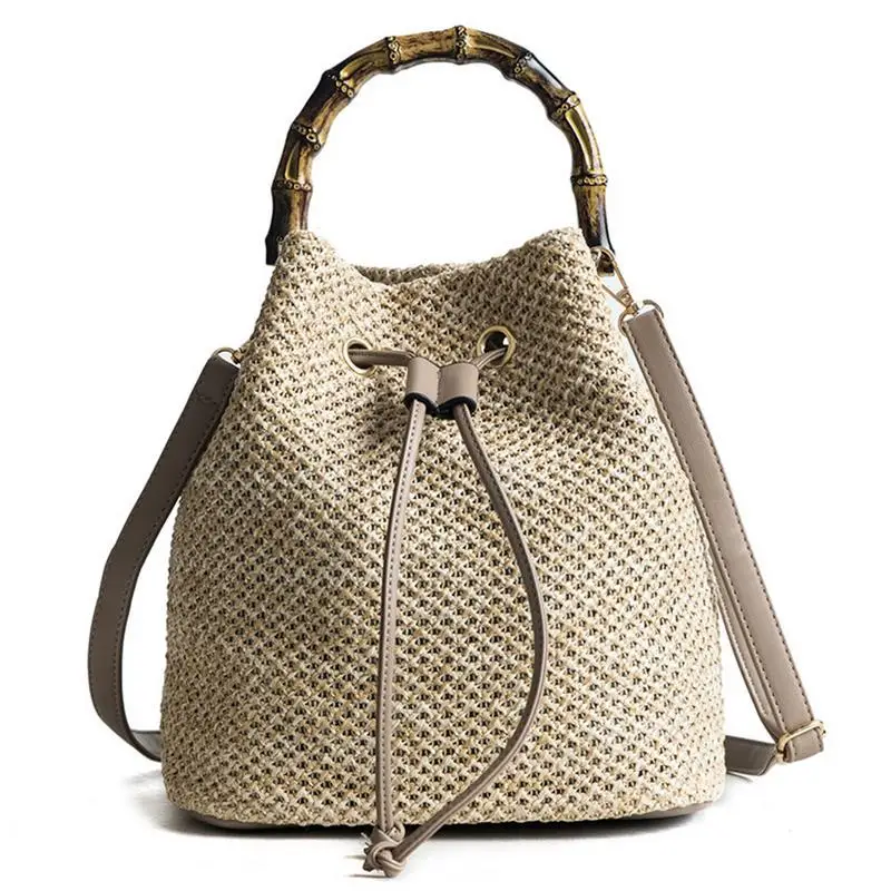 

Fashion Bamboo Handbag Tote Bucket Shape Hand Weaving Woven Beach Summer Lady Crossbody Messenger Bags Women Straw Shoulder Bag