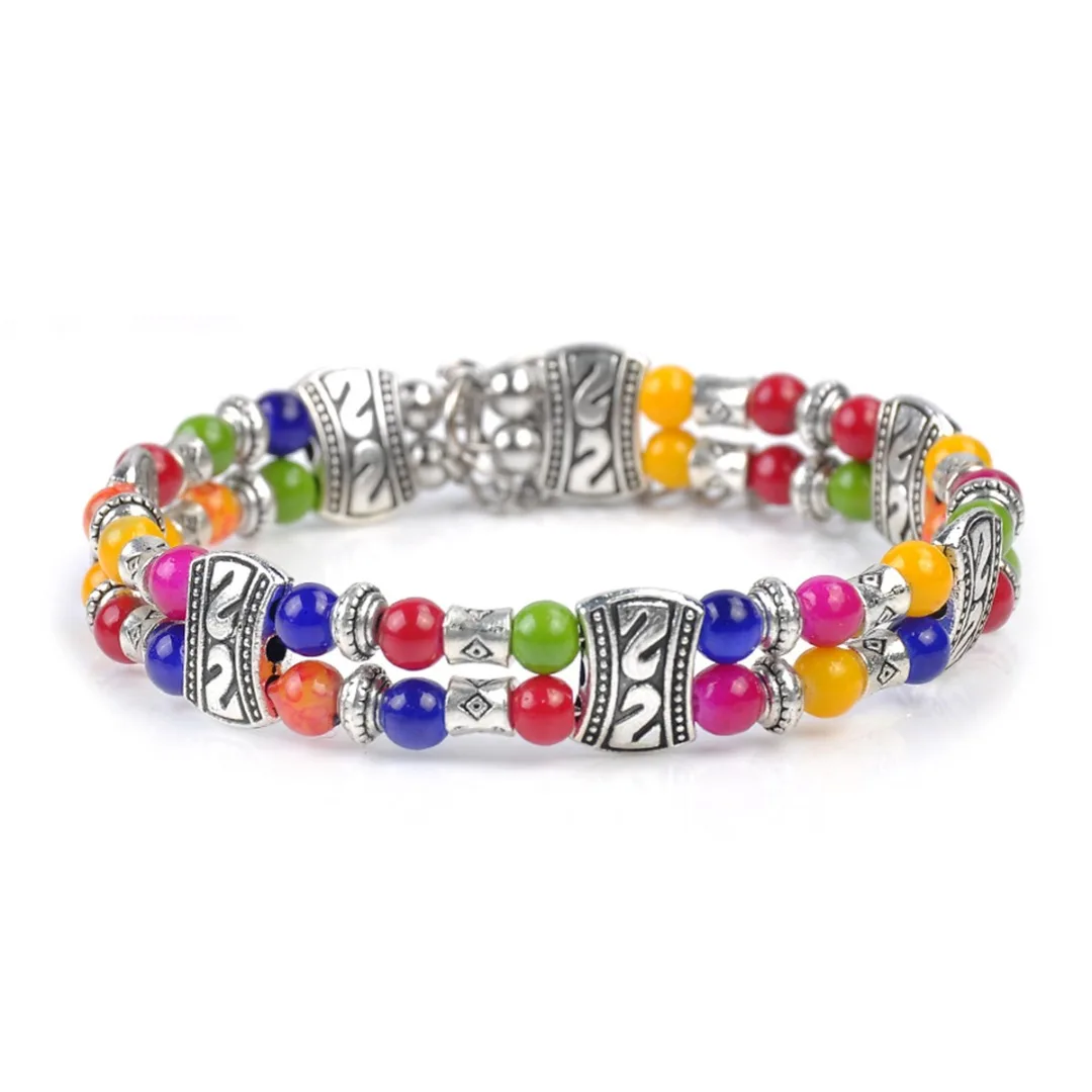 

Vintage Ethnic Silver Mixed Beads Double Layered Bracelet For Women Jewelry bisuteria Boho Tibetan Prayer Bangle Shellhard