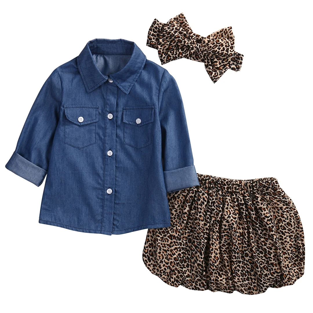 Джинсовая рубашка с длинными рукавами из 3 предметов топ и юбка с леопардовым принтом для маленьких девочек, осенняя одежда