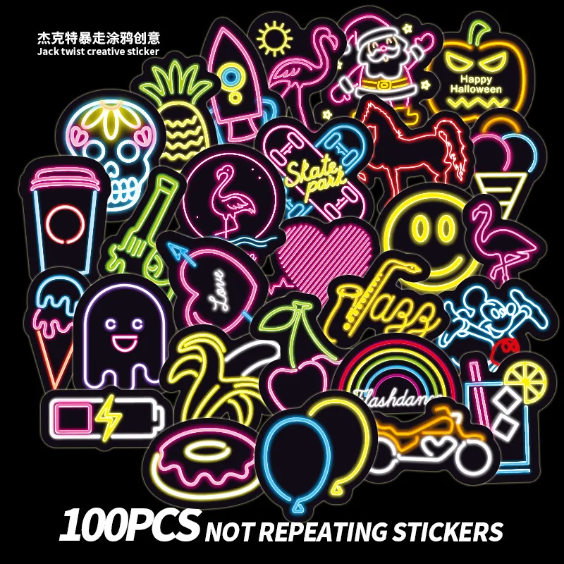 

100pcs not repeating Cartoon Doodle Led Neon Lights Sticker Pvc Doodle Travel Box Guitar Automobile Waterproof