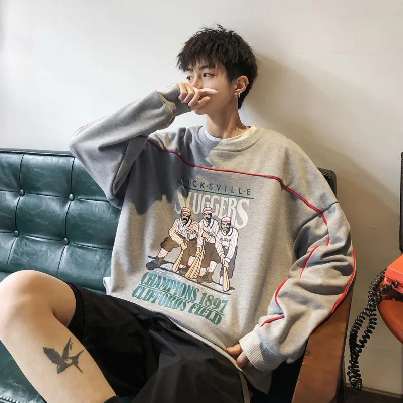 

Men's Sweatshirt 2019 Spring New Round Neck Print Loose Trend Couples Pullovers No Cap Sweatshirt Personality Casual Men's Wear