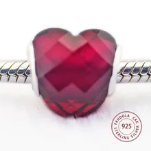 Настоящее серебро 925 пробы фуксия форма любви Хрустальные Подвески Подходит Пандора браслет DIY бусины для изготовления ювелирных изделий