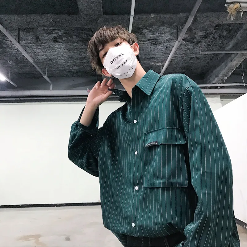

Men's Casual New Autumn Shirt M-XL Youth Slim Loose Cotton Personality Wild Long-sleeved Striped Square Collar Solid Color