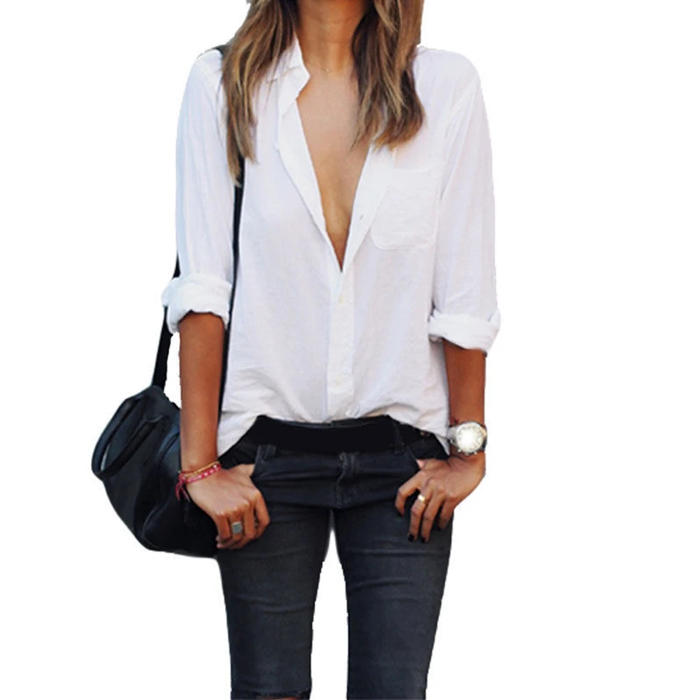 Women Blouse Long Sleeve Ladies Shirt Casual Loose V Neck