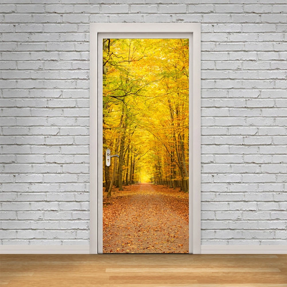 

3D Door Murals Wallpaper Autumn Yellow Leaves Tree Door Sticker Removable Self-Adhesive PVC Stickers Mural Decals for Door Decor