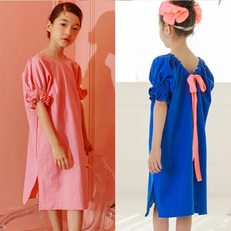 

Blue Pink Petal Sleeve Preppy Style Dresses Kids Bow Straight Cotton Baby Dress Big Girls Clothing Children Summer Party Dresses