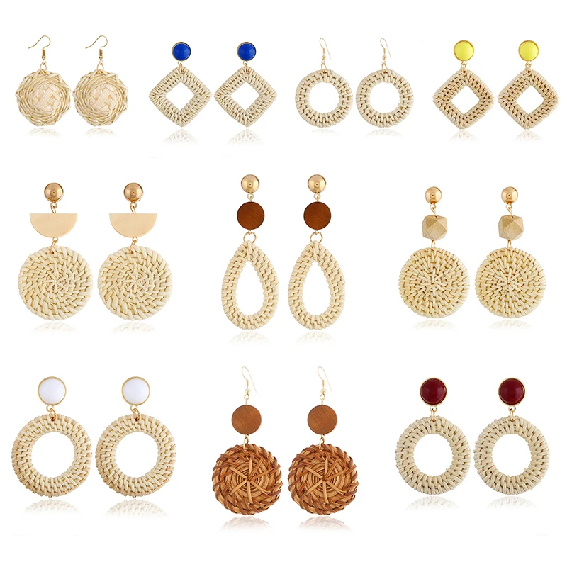 

2019 New Korea Handmade Wooden Straw Weave Rattan Vine Braid Geometric Big Circle Square Long Drop Earrings For Women Girl