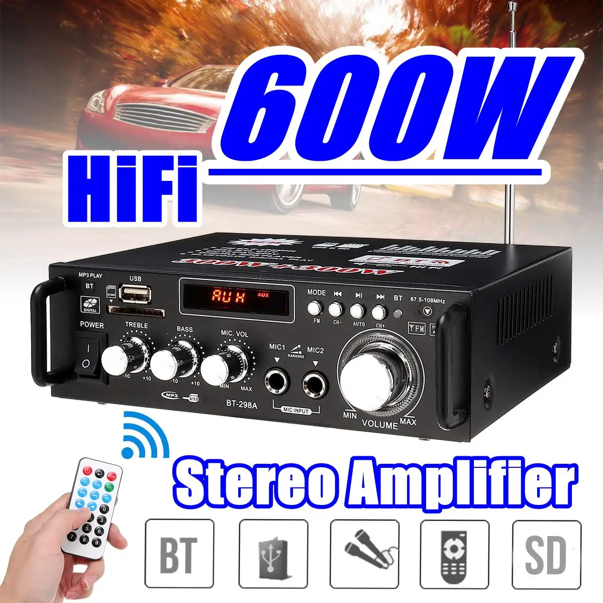 

600w Home Car Amplifier 110V HIFI USB FM Radio Audio bluetooth Amplifiers Subwoofer Theater Sound System With Remote Control