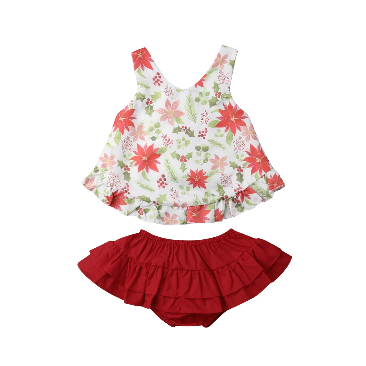 

Summer Toddler Baby Kids Girls Flower Tops Red Dress TuTu Shorts Outfits Clothes Set