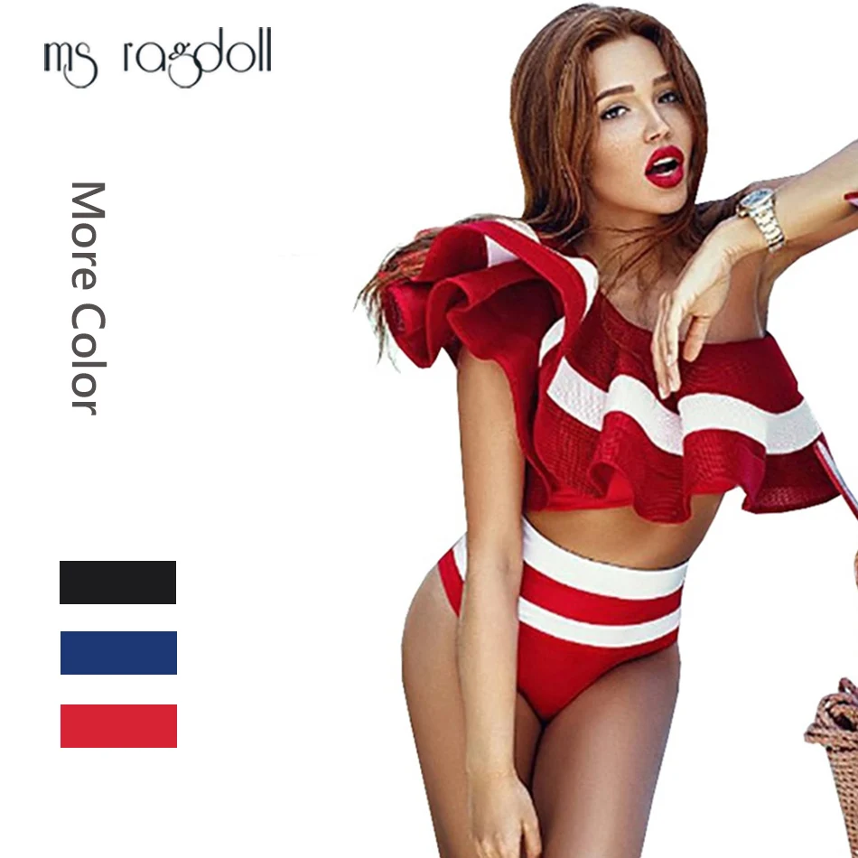 

Sexy Women Swimwear 2 Piece Bikini Set Swimsuit Flying Sleeve Beachwear Female One Shouder Beach Monokini Swimsuit Bathing Suit