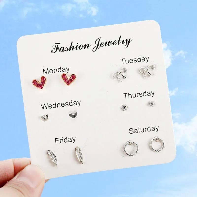 

6Pairs Week Earring Set Fashion Silver Small Stud Earrings For Women Tiny Heart Snowflakes Geometric Boucle D'oreille Femme 2018