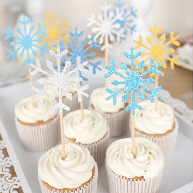 10pcs Christmas Frozen Snowflake Cupcake Toppers DIY Brithday Party Favor Christmas Decorations Glitter Snowflask Cake Topper-S
