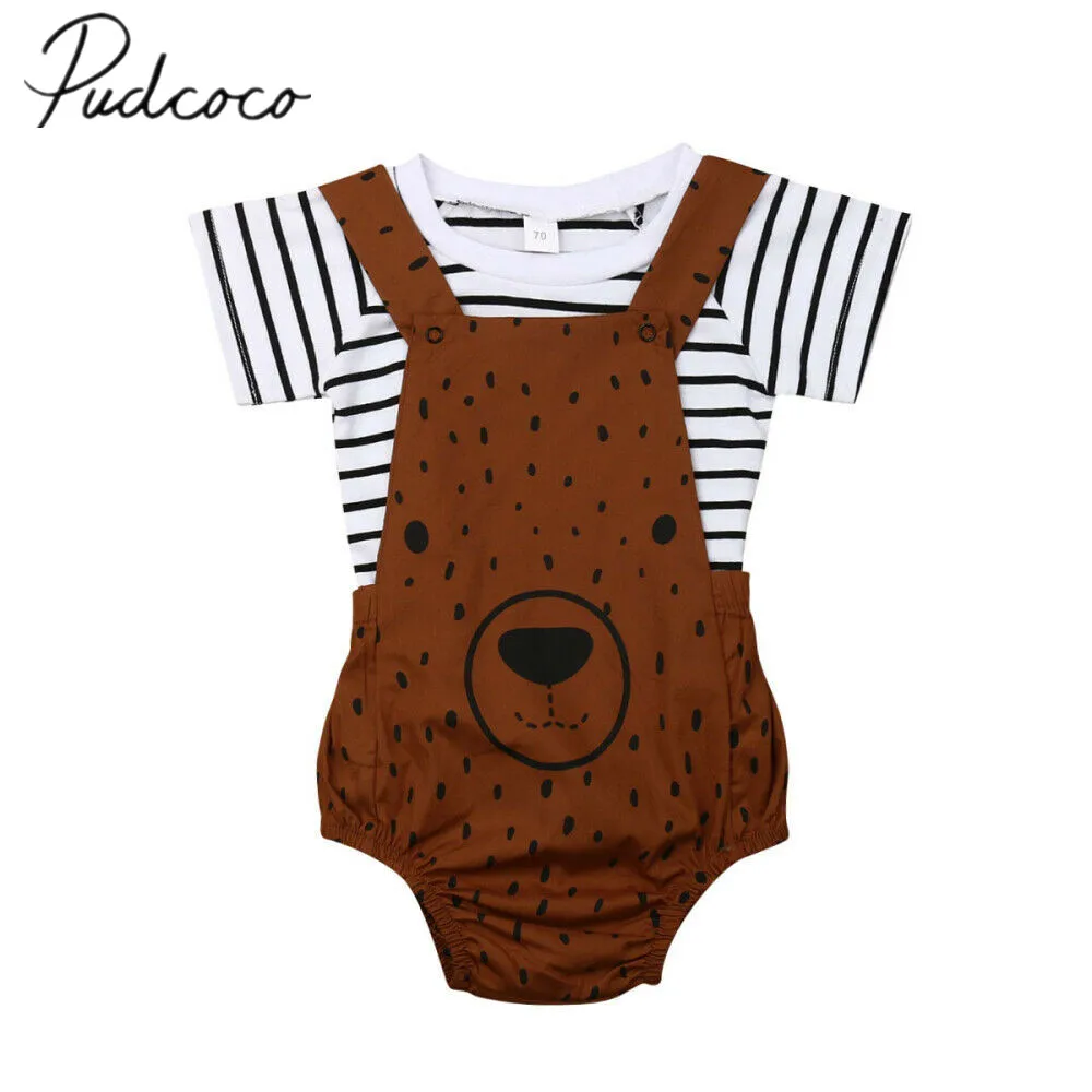 Детская летняя одежда для новорожденных, детский, для маленьких мальчиков и девочек с рисунком милого медведя летний костюм футболка в полоску комбинезон комбинезоны От 0 до 3 лет