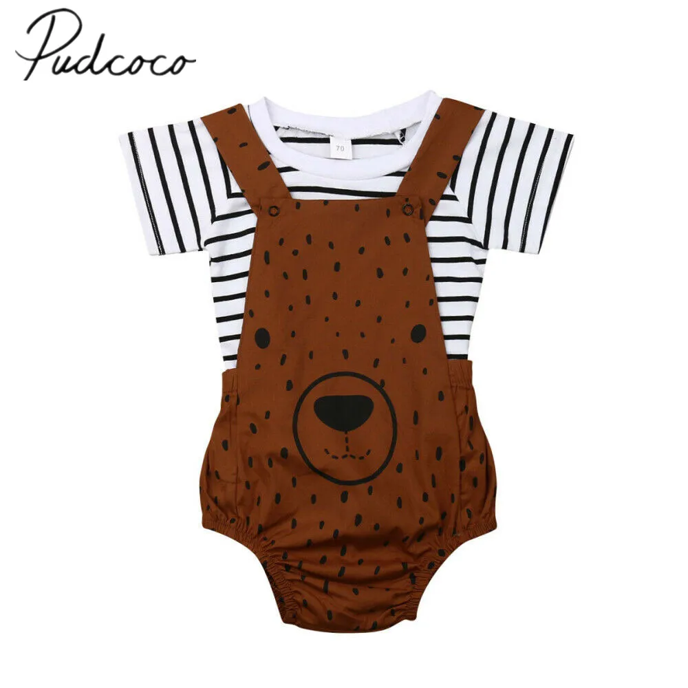 

2019 Children Summer Clothing Newborn Toddler Infant Boy Girl Cute Bear Sunsuit Stripe T-shirt Bib Pants Overalls Outfits 0-3T