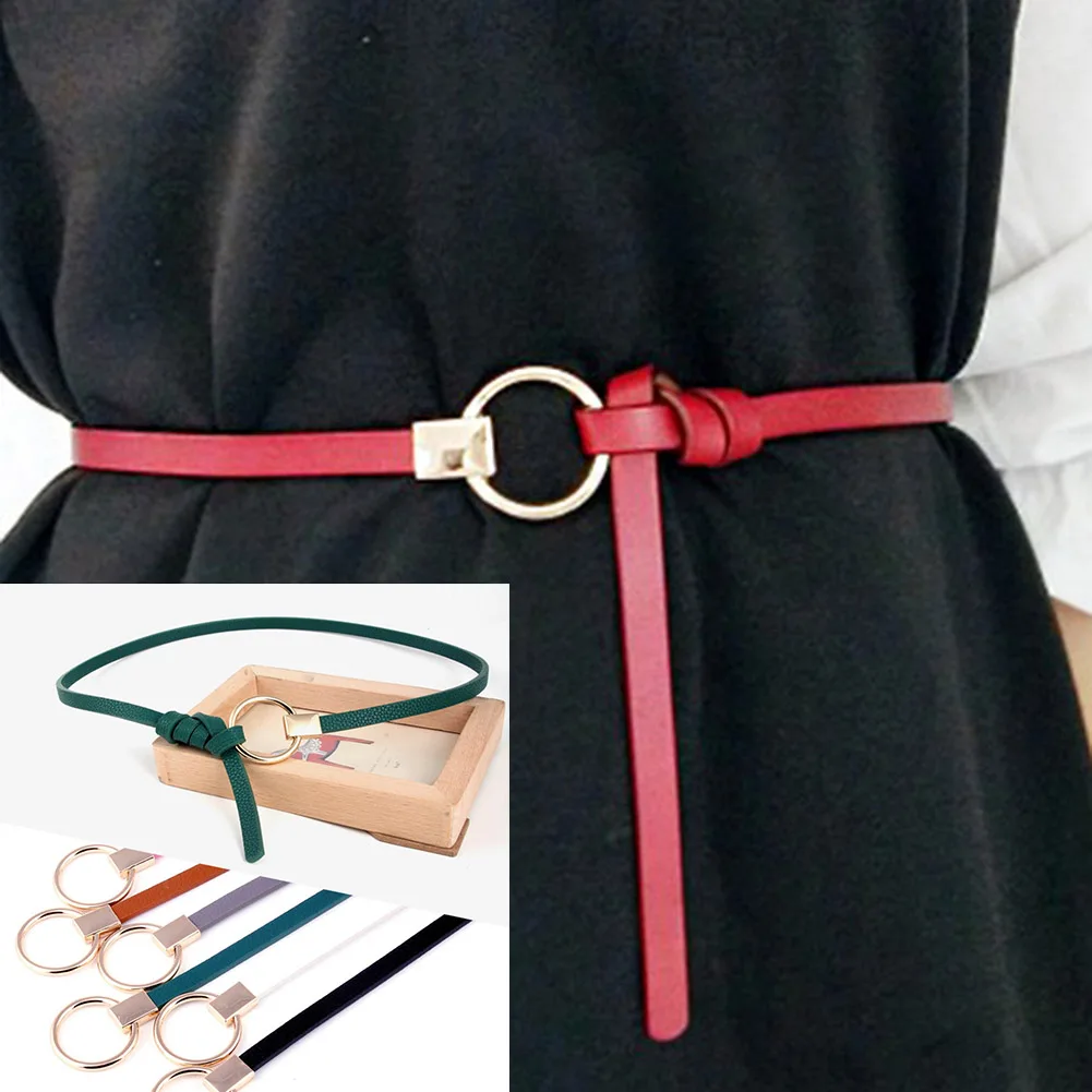 

PU leather Thin Belts for Women Round Metal Buckle Waist Belts Red Brown Black White Women Dress Strap Waistbands Belt