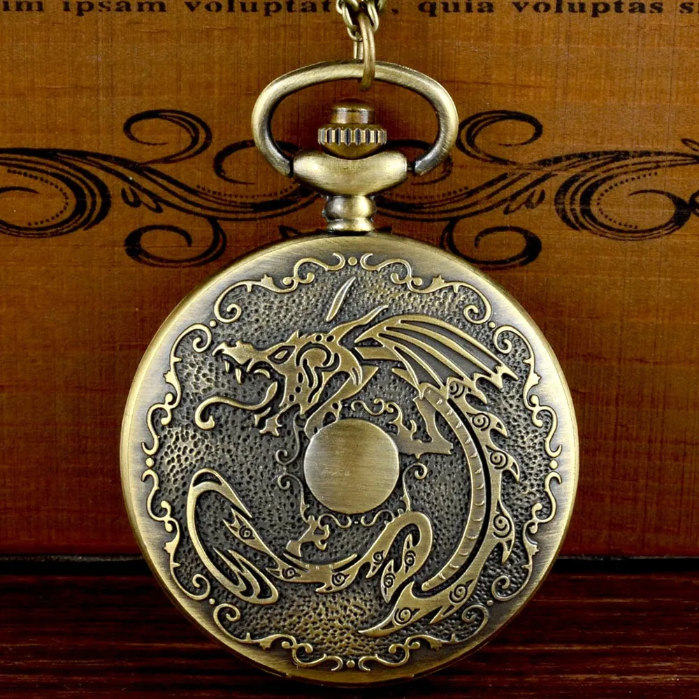 

Chinese Dragon Theme Full Hunter Quartz Engraved Fob Retro Pendant Pocket Watch Chain Gift Fire Fighter Theme