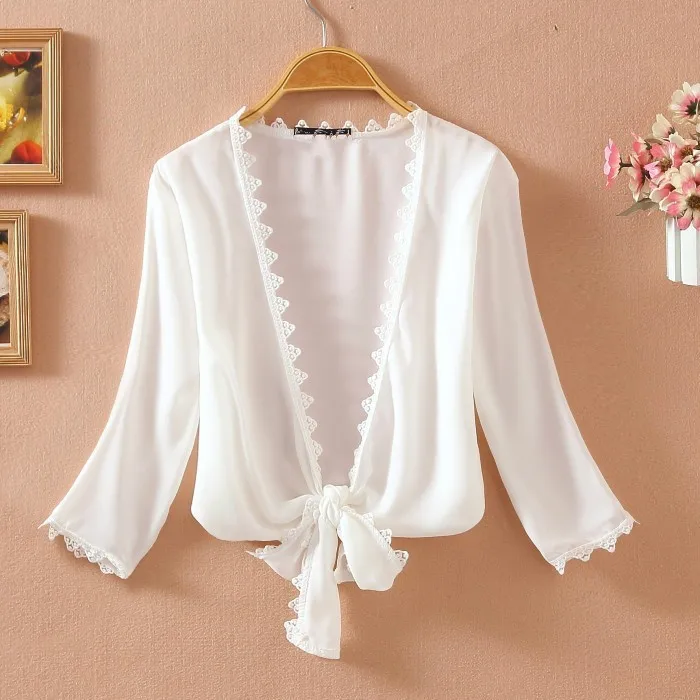 Summer Thin Lace White Shirt Women's Sunscreen Chiffon Blouse Short Sleeve Hollow Out Cardigan Tops Camisas Mujer 2019