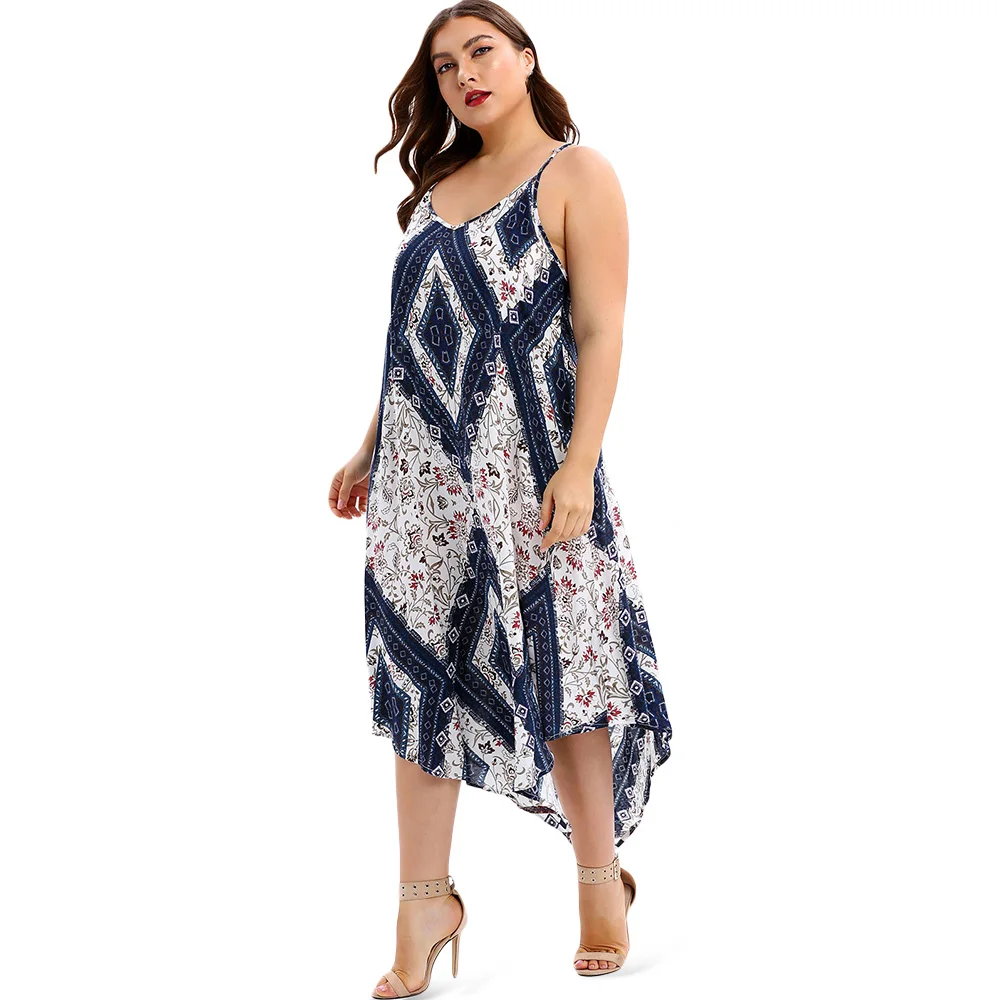  Wipalo Women Plus Size Spaghetti Strap Floral Geometric Handkerchief Dress Summer Casual Maxi Dress
