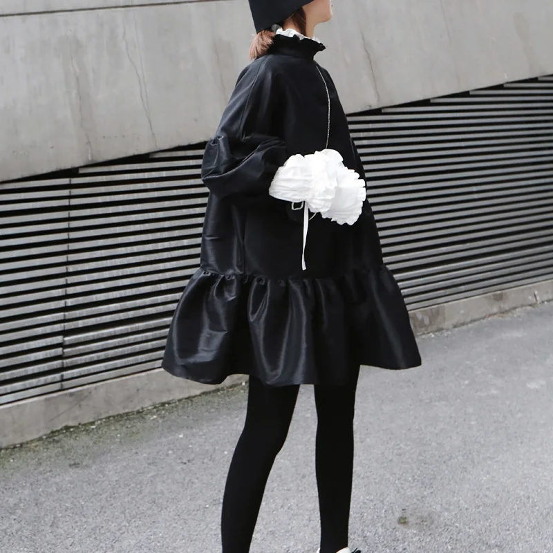 [EAM] 2019 New Spring Winter Stand Collar Long Puff Sleeve Black Loose Hem Ruffels Stitch Loose Dress Women Fashion Tide JK852