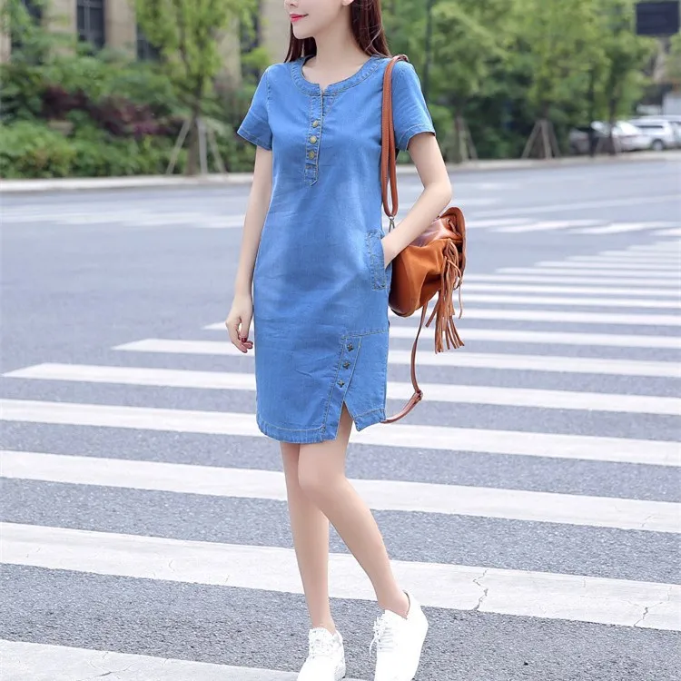 2019 Women Korean Casual Denim Dress Straight Summer Loose Jeans Dress With Button Pocket Sexy Denim Mini Dress