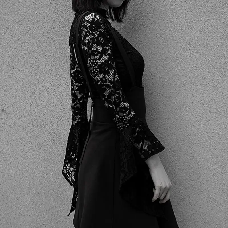 Rosetic Woman Sets Black Two Piece Goth Sexy Lace Bodysuit Rompers A Line Dress Suspender Lace Up See Through Club Wear Girl Set