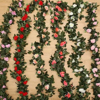 

2PC 2.4m 11heads Fake Silk Roses Artificial Flowers Ivy Vine Hanging Garland Decor with Green Leaves For Home Wedding decoration