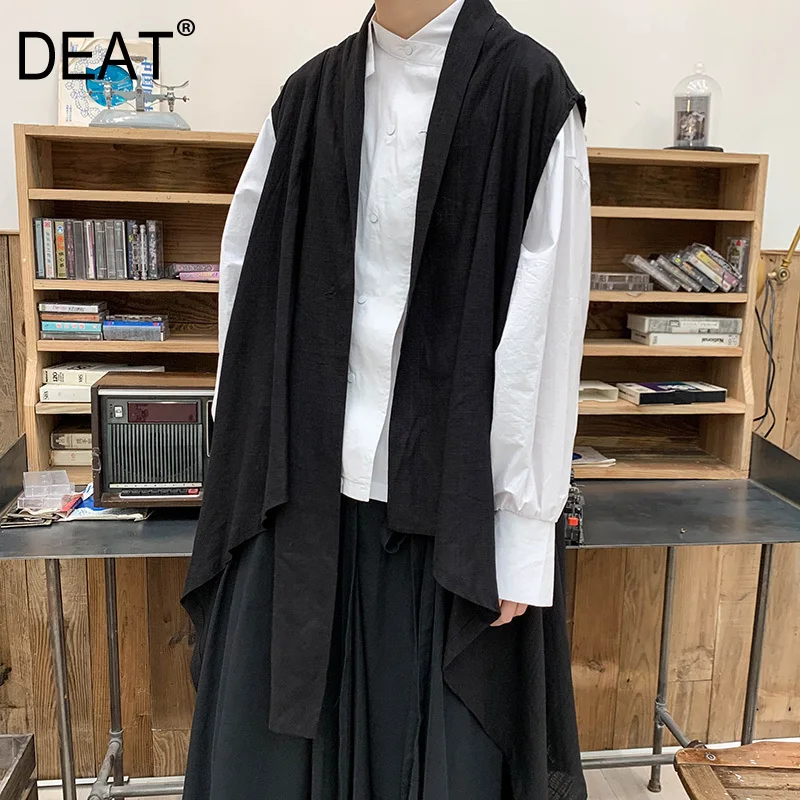 

[DEAT] 2019 New Autumn Winter V-collar Sleeveless Black Loose Long Personality Irregular Vest Women Fashion Tide All-match JS77