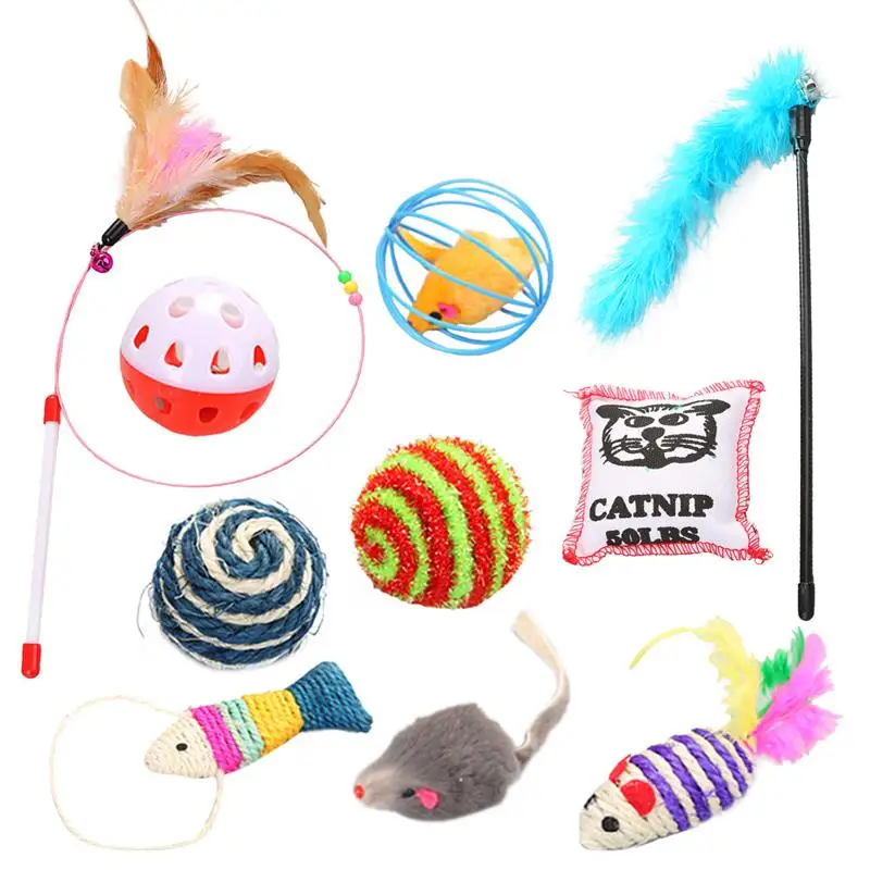 

10pcs Cat Toy Set Interactive Funny Cats Training Pet Teaser Feather Small Bell False Mouse Simulation Fish Ball Playing Toy