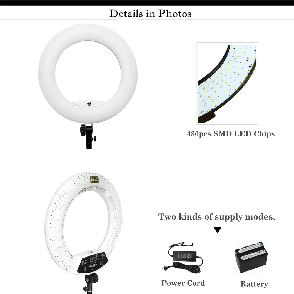 FD-480II 96W 5500K 480 светодиодный фотографический светильник, кольцевой светильник с регулируемой яркостью для видеостудии/камеры Фото/телефона, кольцевой светильник для фотосъемки