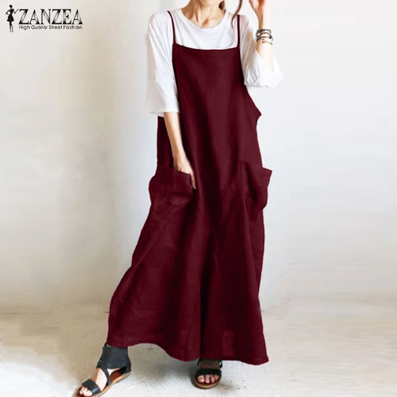 

Plus Size ZANZEA Summer Women Strappy Long Maxi Overalls Dress Casual Sarafans Vestido Robe Solid Cotton Linen Dress Oversized