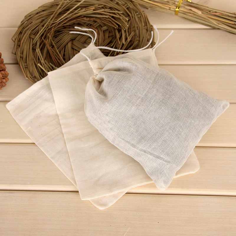 

10pcs/lot Empty Teabags Cotton Muslin Drawstring Strainer Tea Filter Bag Cooking Food Separate Spice Filter Bag With String