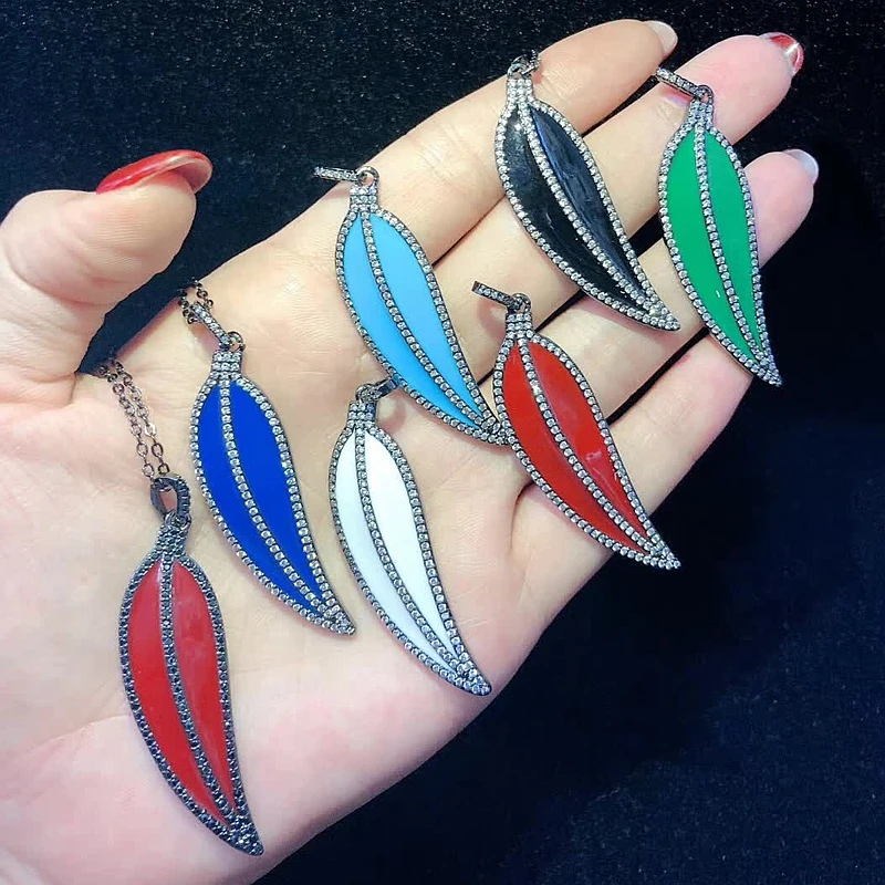 

6PCS ZYZ-N0136 CZ micro paved leaf charm pendant necklace with enamel FASHION necklace for women jewelry
