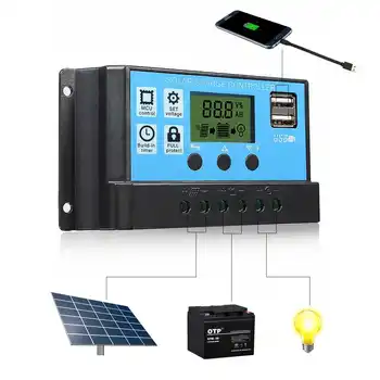 

Big Clear LCD Display PWM 12V/24V 10/20/30A Solar Controller Dual USB Solar Panel Charge Regulator Built In Timer Control