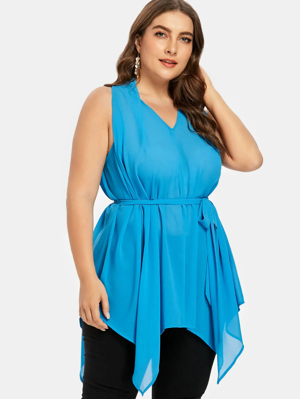 2018 Plus Size V Neck Belted Asymmetrical Tank Blouse Summer Solid ...