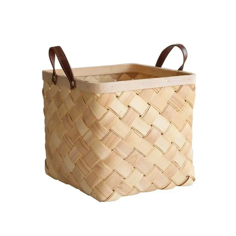 

Handmade Storage Basket PU Stitching Woven Basket Wooden Primary Color Square Large Capacity Manual Weaving Eco-Friendly