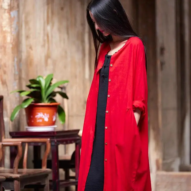 

Spring Summer Cotton And Linen Original Chinese Style Vintage Solid Color Women Long Jacket