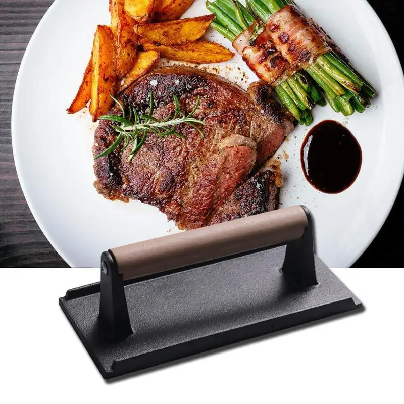Heat Resistance Steak Press Iron Board With Wooden Handle Cast Bacon