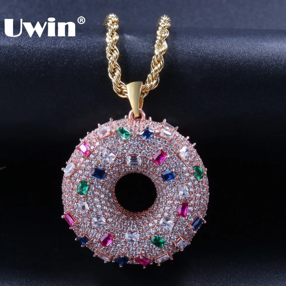 UWIN Двусторонняя симпатичная форма пончика подвеска ожерелья Мода розовое золото цвет полный ледяной цветной кубический цирконий хип-хоп ювелирные изделия